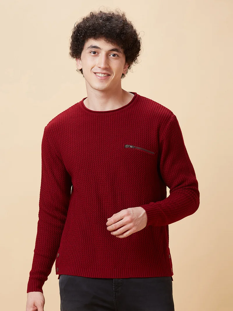 جلو باص Globus Men Maroon Solid Round Neck Pullover Sweater